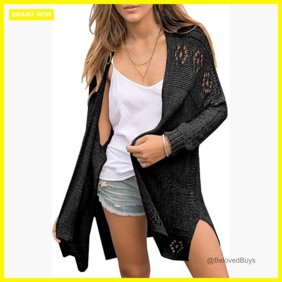 Open Front Knit Cardigan Sheer Lightweight Long Sleeve Kimono Sweater Medium